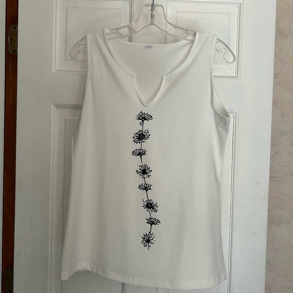 White Sleeveless Top with Black Floral Design NWOT